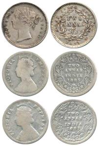 Victoria Queen and Empress, Silver 2 Annas (3), 1841, 1881 and 1885. Fine to About Extreme