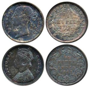 Victoria Queen, Silver ¼ Rupee, 1840, divided legend, and 1862. About Uncirculated. (2)