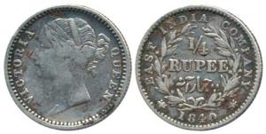Victoria Queen, Silver ¼ Rupee, 1840, Calcutta Mint, divided legend, obv. WW raised, rev. 