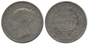 Victoria Queen, Silver ½ Rupee, 1840, continuous legend, obv. No mint mark, rev. 19 Berrie