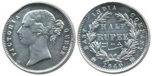 Victoria Queen, Silver ½ Rupee, 1840, divided legend, WW incuse/ 24 Berries. A dent on the