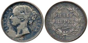 Victoria Queen, Silver ½ Rupee, 1840, divided legend, ’B’ raised, WW incuse/ 24 Berries. V