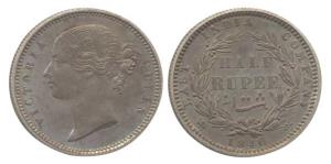 Victoria Queen, Silver ½ Rupee, 1840, Mule, Proof, divided legend, WW incused on truncatio