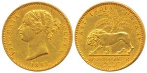 Victoria Queen, Gold Mohur, 1841, divided legend, WW incused on truncation (KM 462.1). Ver