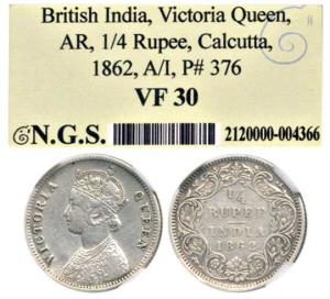 Victoria Queen, Silver ¼ Rupee, 1862, Calcutta Mint, A / I, (Prid 376). Slabbed in NGS hol