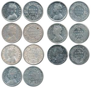 Victoria Queen and Empress, Silver ¼ Rupee, 1862 (2), 1876, 1877, 1890, 1891, 1897. About 