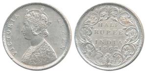 Victoria Queen, Silver 1/2Rupee, 1862, C/II. About Extremely Fine.
