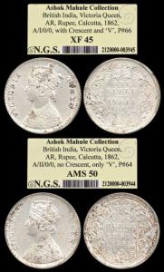 Victoria Queen, Silver Rupee, 1862, Calcutta Mint, A / I and A / II, no dot. Slabbed in NG
