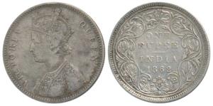 Victoria Queen, Silver Rupee, 1862, A / II / 1/10 dots. About Very Fine, Very Rare.