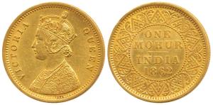 Victoria Queen, Gold Mohur, 1862, single flower in bottom panel of jabot (Prid 1). Extreme