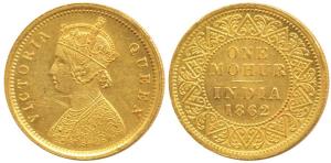Victoria Queen, Gold Mohur, 1862, V in Jabot (Prid 6). Extremely Fine, Rare.