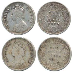 Victoria Queen and Empress, Silver 2 Annas, 1875, Calcutta Mint, A/I, 1894 B/II / ’B’ incu