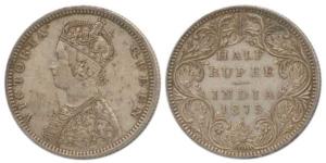 Victoria Queen, Silver ½ Rupee, 1875, Bombay Mint, B2 / II, dot. About Extremely Fine, Rar