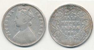 Victoria Empress, Silver ½ Rupee, 1884, Bombay Mint, obv. A, rev. II, No Mint Mark. Neatly