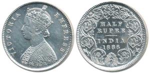 Victoria Empress, Silver ½ Rupee, 1886, A/I / ’C’ incuse. Very Fine.