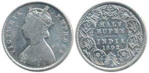 Victoria Empress, Silver ½ Rupee, 1892, A/I / ’C’ incuse. Fine.