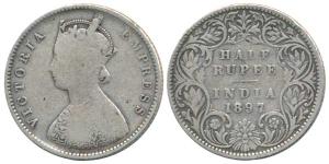 Victoria Empress, Silver ½ Rupee, 1897, Bombay Mint, A / I / ’B’ incused. Fine+, Scarce.