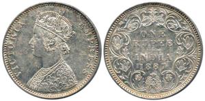 Victoria Empress, Silver Rupee, 1887, C2 / I / ’B’ incused, inverted. About Uncirculated.
