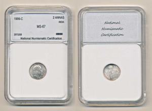 Edward VII, Silver 2 Annas, 1906, Calcutta Mint. Slabbed in NNC holder, Uncirculated, Scar