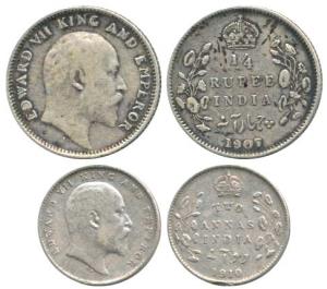 Edward VII, Silver ¼ Rupee and 2 Annas, 1907 and 1910.Very Fine. (2)
