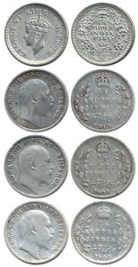 Edward VII, Silver ¼ Rupee (3); George VI, Half Silver ¼ Rupee, 1945, Large 5. Fine+ to Ve