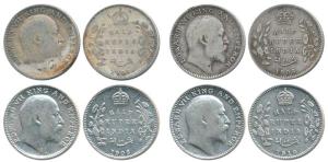 Edward, Silver ½ Rupee (4), 1905, 1906, 1908 and 1910. Fine+. (4)