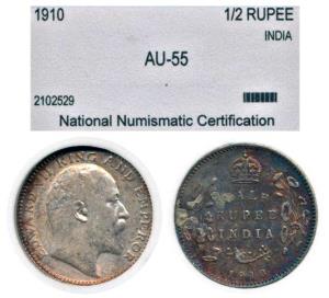 Edward VII, Silver ½ Rupee, 1910, Calcutta Mint. Slabbed in NNS holder. Extremely Fine, Sc