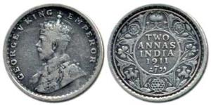 George V, Silver 2 Annas, 1911, Calcutta Mint. Very Fine, Rare.