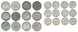George V, Silver ½ Rupee (6), 1914, 1916, 1922, 1936 (3); ¼ Rupee (6), 1912, 1917 (2), 191