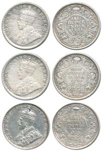 George V, Silver ½ Rupee (3), 1921, 1934, 1936, the first two Calcutta Mint the last Bomba
