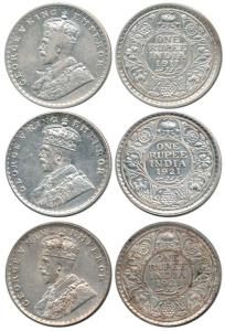 George V, Silver Rupee (3) 1911, 1921, 1922, the first Calcutta Mint the other two Bombay 