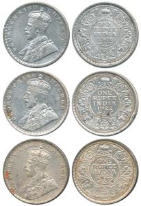 George V, Silver Rupee, (3) 1911, 1921, 1922, Bombay Mint. About Very Fine to About Uncirc