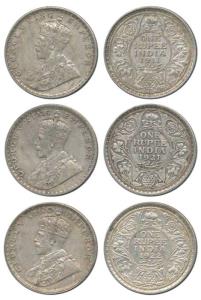 George V, Silver Rupee (3), 1911, 1921, 1922, Bombay Mint. Very Fine+, Scarce.(3)