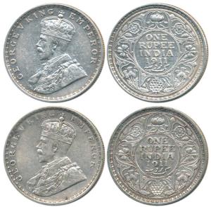 George V, Silver Rupee (2), 1911, Calcutta and Bombay Mint. Very Fine and Very Fine+. (2)
