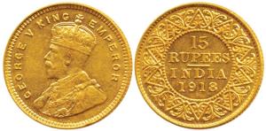 George V, Gold 15 Rupees, 1918, Bombay Mint, (KM 525). Very Fine+, Very Rare.