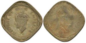 George VI, Nickel-Brass, 2 Annas, obv. brockage, Error. Complete lakhi impression, Very Fi