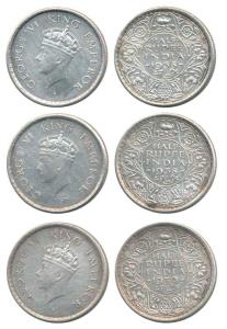 George VI, Silver ½ Rupee, 1938 (2) and 1939, Bombay Mint, Young Head. Very Fine+. (3)