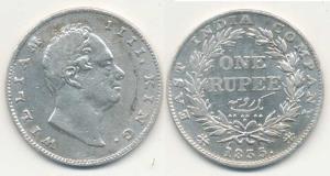 William IV, Silver Rupee, 1835, B / II, No initial, 20 Berries, Bud leaves. Fine+.