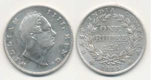 William IV, Silver Rupee, 1835, B / II ’RS’ incuse, 20 Berries, Bud leaves. Fine+.