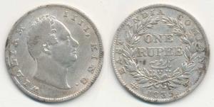 William IV, Silver Rupee, 1835, B / II ’RS’ incuse, 20 Berries, Bud leaves. Fine.