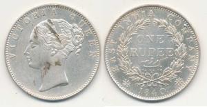 Victoria Queen, Silver Rupee, 1840, continuous legend, English Head,19 Berries, crescent. 