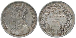 Victoria Queen, Silver Rupee, 1862, Calcutta Mint, B / II, one pineapple cone over ’O’ of 