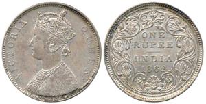 Victoria Queen, Silver Rupee, 1862, Calcutta Mint, B / II, plain cones, round pearls to th