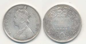 Victoria Queen, Silver Rupee, 1862, Bombay Mint, B / II, plain cones, elongated pearls to 