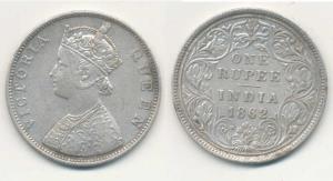 Victoria Queen, Silver Rupee, 1862, Bombay Mint, B / II, crude style reverse, round tips t