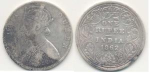 Victoria Queen, Silver Rupee, 1862, Bombay Mint, 4 3/4 panels in the front jabot design, d
