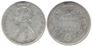 Victoria Queen, Silver Rupee, 1862, Bombay Mint, 4 3/4 panels in the front jabot design, d