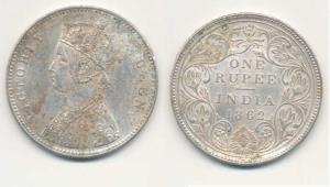 Victoria Queen, Silver Rupee, 1862, Calcutta Mint, A / II, 4Pineapple cones, (Pr 62). Abou