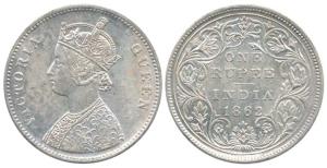 Victoria Queen, Silver Rupee, 1862, Calcutta Mint, A / II, plain cones, small cone over ’E