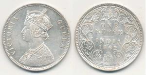 Victoria Queen, Silver Rupee, 1862, Calcutta Mint, A / I, with crescent, (Pr 66). About Ex